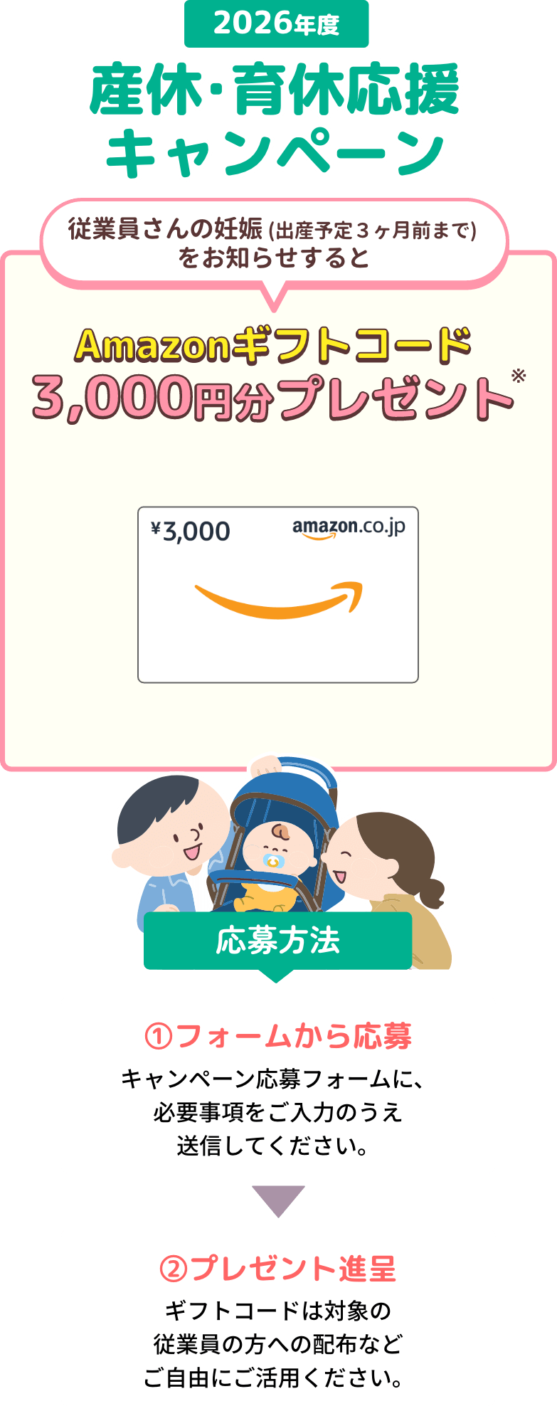 2026年度産休・育休応援キャンペーン！従業員さんの妊娠(出産予定3ヶ月前まで)をお知らせすると、Amazonギフトコード3,000円分プレゼント